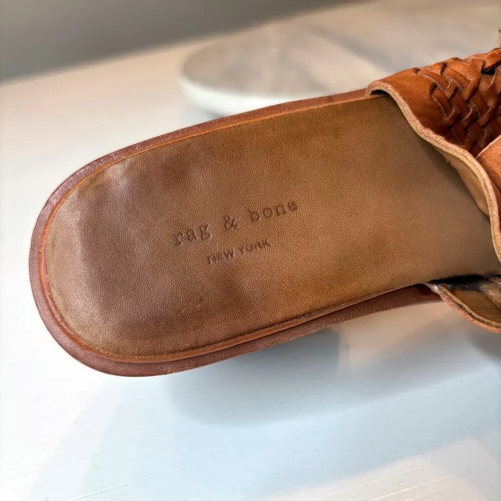Rag & Bone Wyatt Willow Woven Leather Peep Toe Slingback Heels Brown Size 8 Boho - Picture 13 of 15